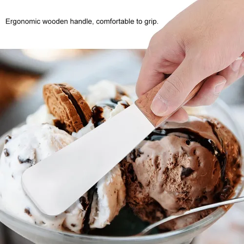 Vista 3 de Pala de helado de acero inoxidable para helado, pala de postre, cortador de mantequilla con mango de madera ergonómico, utensilio de cocina