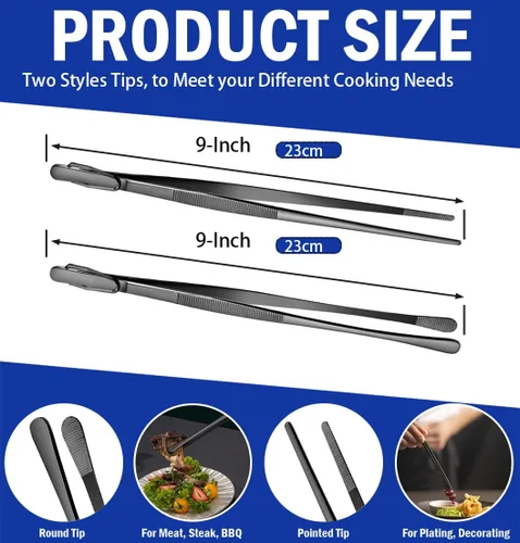 Vista 3 de JETKONG 2 pinzas para alimentos de 9 pulgadas, pinzas de cocina de acero inoxidable, pinzas de cocina (negro)