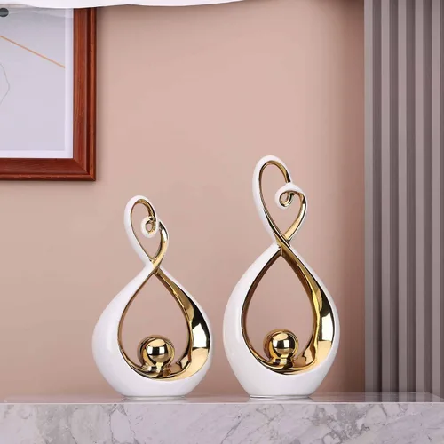 Vista 3 de DOVDOV Arte moderno para decoración del hogar, juego de 2 piezas de escultura abstracta de cerámica, decoración de habitación blanca y dorada
