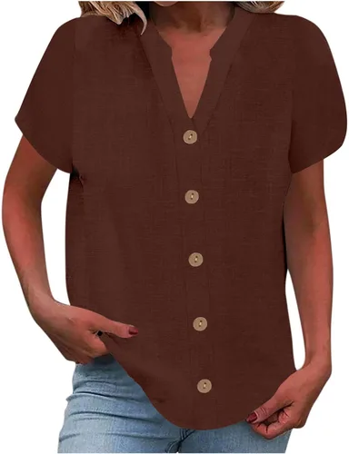 Vista 18 de Camisetas de verano para mujer, de manga corta, pétalos, de lino, con bolsillo, casual, con botones, blusas básicas