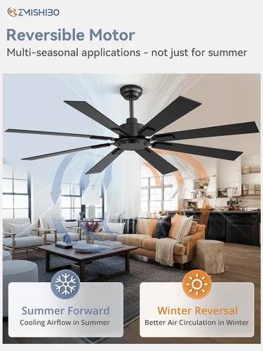 Vista 3 de Ventilador de techo de 62 pulgadas sin luz con control remoto, 8 aspas de motor CC reversible silencioso, 6 velocidades, temporizador, acabado Negro