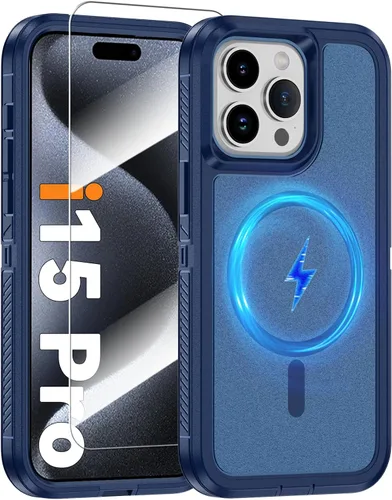 Vista 48 de Funda magnética para iPhone 13/iPhone 14 [compatible con Magsafe] [protector de pantalla de vidrio] [protección de grado militar de doble capa]