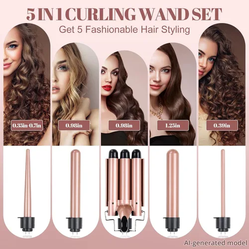 Vista 2 de Varita rizadora 5 en 1, rizador de pelo de 3 barriles All-in-One, 30s Rapid Heating, 1H Auto Shut-Off, Anti-Scald, Long-Lasting Volume, Dual