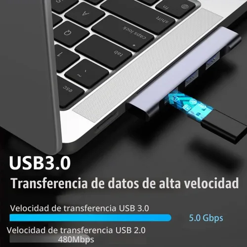 Vista 5 de Hub USB-C para portátil - Adaptador multipuerto ultradelgado con USB 3.0, expansor para MacBook Pro/Air, Surface Pro, teclado, unidad flash (4 en 1)