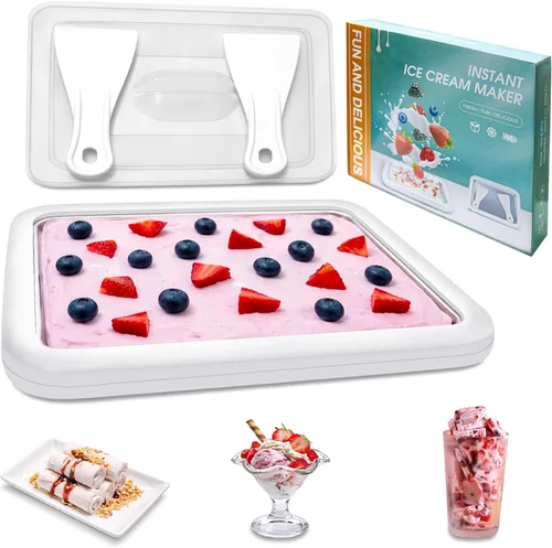 Vista 7 de SUS 304 Home DIY - Máquina para hacer helados enrollados de 10.24 x 8.24 pulgadas de ancho/tapa y 2 espátulas, bandeja de helado instantánea