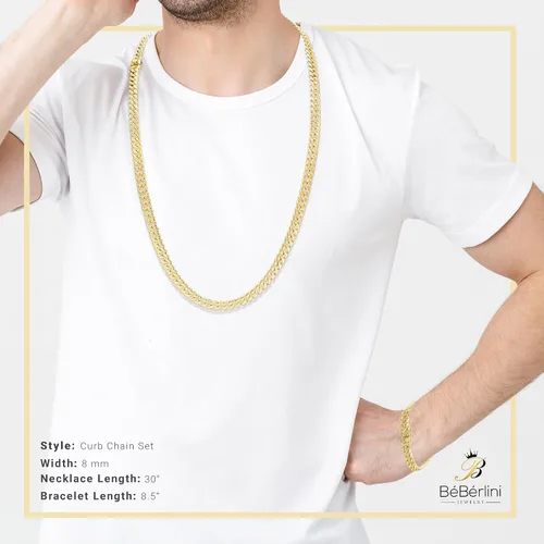 Vista 4 de BEBERLINI Cuban Link Chain 14K Gold Plated Curb Customizable Necklace 30 Bracelet 85 9 Stainless Steel Fashion Jewelry Set For Men 6 mm - 14 mm