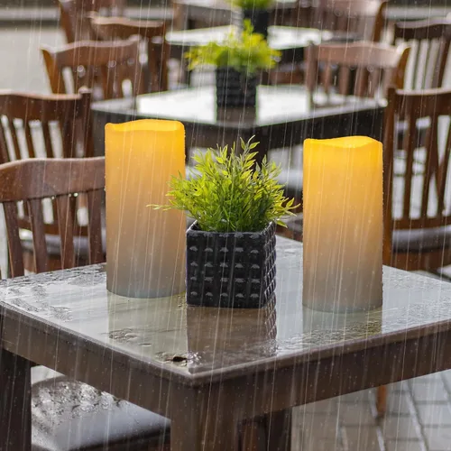 Vista 6 de juego de 2 velas sin llama impermeables para exteriores de 10" x 5", operadas por baterías, LED parpadeantes, velas pilar con control remoto