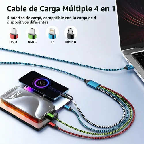 Vista 2 de Cable de carga múltiple 4 en 1, cable de carga USB con 2 cargadores USB C/IP/Micro USB, cargador de teléfono para iPhone 17-8/Android/iPad y más