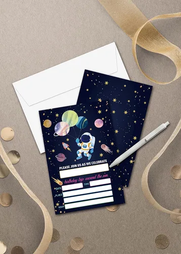 Vista 4 de Outer Space Invitaciones de fiesta de cumpleaños – Suministros de fiesta espacial Galaxy – Completa las invitaciones de fiesta de cumpleaños