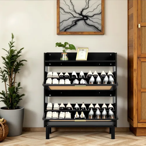 Vista 5 de Finnhomy Zapatero extendido con cajones abatibles de ratán natural para entrada, organizador de zapatos delgado de 2 niveles con tablero superior