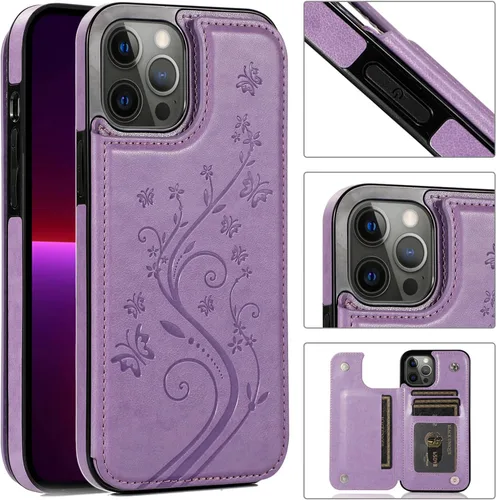 Vista 3 de Funda de teléfono para iPhone 13 Pro Max 2021 de 6.7 pulgadas con protector de pantalla de vidrio templado, tarjetero y cartera, funda de cuero