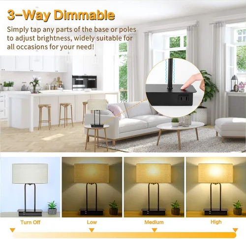 Vista 2 de Lámpara de mesa con control táctil regulable en 3 vías con 2 puertos USB y toma de corriente AC, lámpara moderna de mesita de noche con pantalla