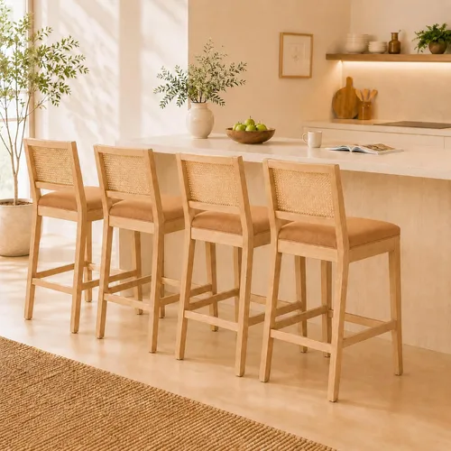 Vista 17 de Juego de 2 taburetes de bar de altura de mostrador, sillas de isla de cocina con respaldo de caña beige, taburetes de bar de ratán con respaldo