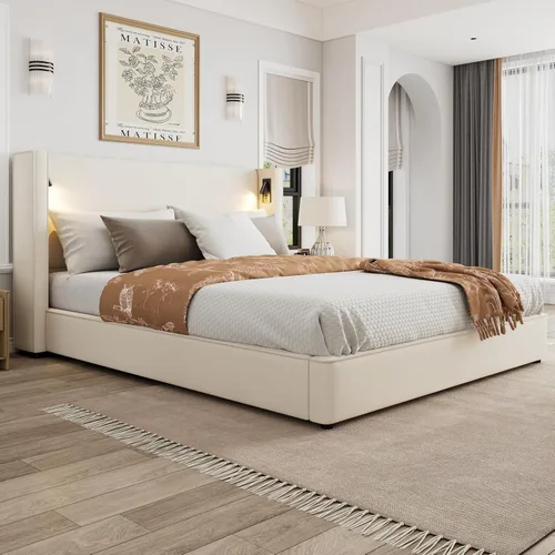 Vista 4 de Christopher Knight Home Hazel - Cama de cabecera tamaño King tapizada de 49.20 pulgadas de alto, plataforma de soporte de panel de listones,