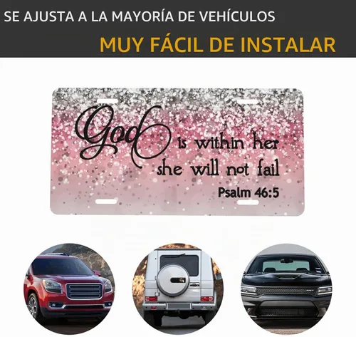 Vista 4 de Placa de matrícula delantera personalizada de aluminio con versículo bíblico Salmo 46:5 "Dios está en ella, no fallará" con destellos rosa