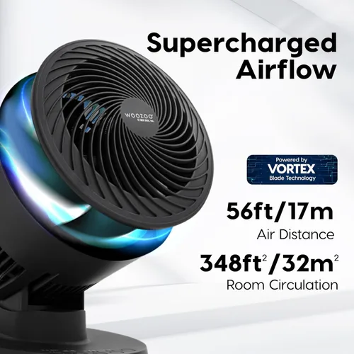 Vista 3 de IRIS USA WOOZOO Ventilador circulador de aire con control remoto, oscilante, 3 velocidades, distancia máxima de aire de 56 pies, inclinación Negro