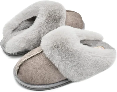 Vista 2 de KuaiLu Pantuflas mullidas de espuma viscoelástica doble para mujer, acogedoras con soporte de arco cálido, pantuflas de meter cómodas