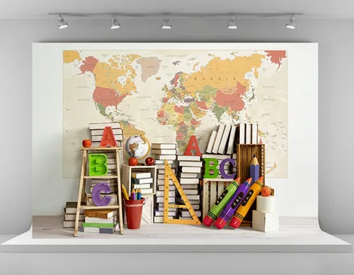 Vista 9 de Kate Fondos de regreso a la escuela de 6.5 x 6.5 pies para fotografía de mapa del mundo, libros de fondo, fondos de papelería, fondos de escritorio