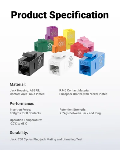 Vista 5 de VCE Acoplador Keystone CAT6 con certificación UL, paquete de 25 unidades, acoplador Ethernet hembra a hembra, acoplador RJ45 para CAT6/CAT5e/CAT5