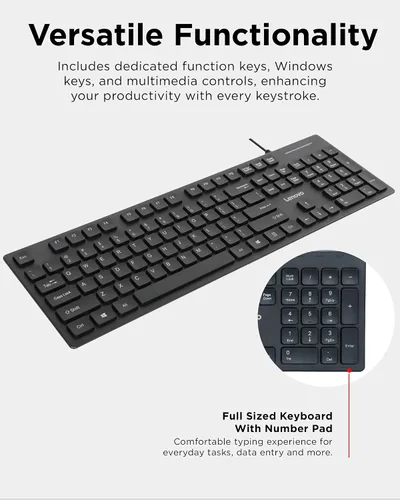 Vista 4 de Lenovo Teclado USB-C con cable 305 con teclado numérico, teclado de tamaño completo, diseño delgado, negro, conectividad USB-C, función dedicada