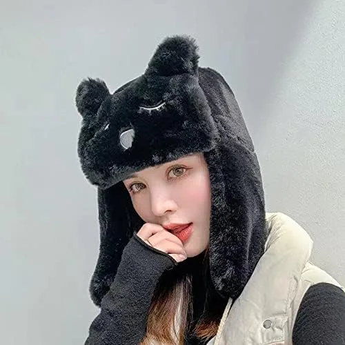 Vista 4 de Sombrero de felpa de diseño de gato para mujer, resistente al viento, cálido, sombrero ruso Ushanka, sombrero de orejera, sombrero de esquí y caza