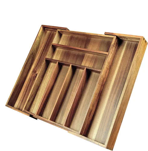 Vista 8 de KITEISCAT Organizador de cubiertos de madera de acacia, organizador de cajones de utensilios de cocina para tenedores, cuchillos y cucharas, bandeja