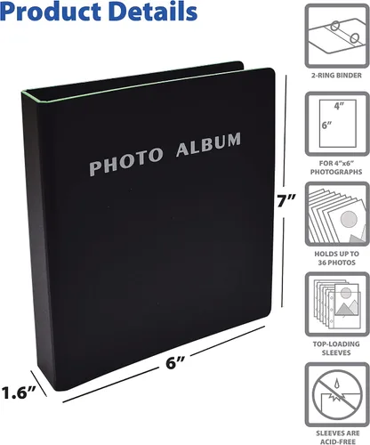 Vista 3 de Better Office Products Álbum de fotos para fotos de 4 x 6 pulgadas, mini carpeta de fotos de tapa dura de 2 anillas, capacidad para 36 fotos de 4 x
