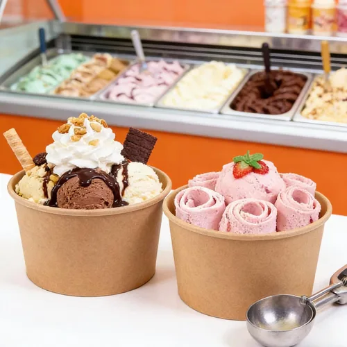 Vista 7 de PakTalk Recipientes de papel para sopa con tapas, paquete de 50 cuencos de sopa marrones, tazas biodegradables para helado con tapas para sopa