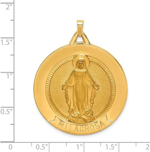 Vista 4 de 14k Yellow Gold Solid PolishedSatin Large Raised Round Milagros Medal Pendant