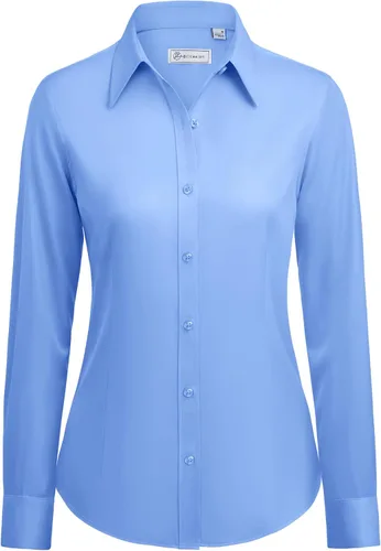 Vista 14 de siliteelon Camisas con botones para mujer: camisa de vestir de manga larga sin arrugas, ajuste clásico, con cuello, color sólido, formal