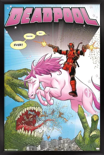 Vista 8 de Marvel Comics Deadpool - Póster de pared de unicornio, 22.4 pulgadas de largo x 14.7 pulgadas de ancho, versión enmarcada de madera de granero