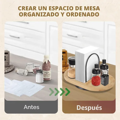 Vista 7 de Servilletero para mesa, dispensador giratorio con salero y pimentero, soporte de bambú, almacenamiento rústico de servilletas de metal para mesa