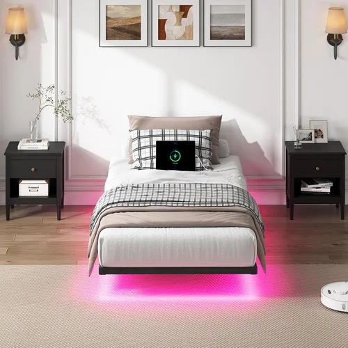 Vista 8 de YORMDMO Base de cama flotante tamaño individual, marco de cama resistente con luces LED inteligentes y estación de carga, cama moderna de plataforma