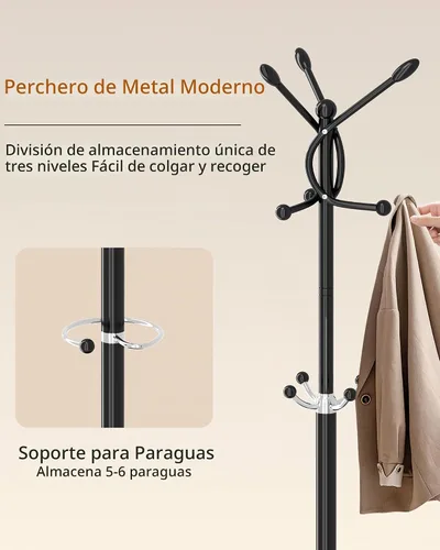 Vista 6 de Perchero de metal con base de mármol natural, perchero con 12 ganchos y soporte para paraguas, perchero moderno negro, perchero para colgar abrigos