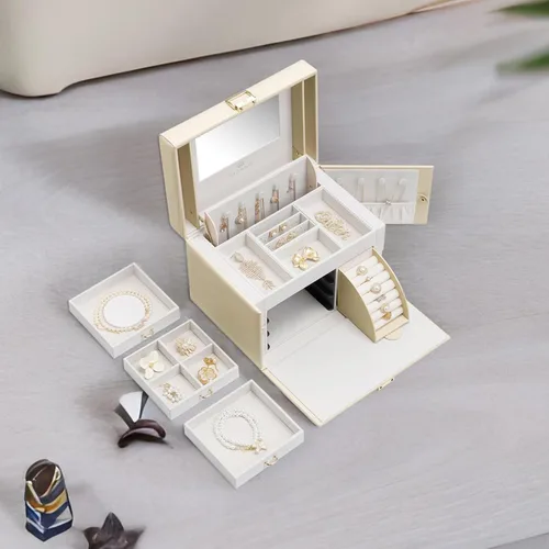 Vista 5 de Vlando Organizador de joyero con espejo, caja de almacenamiento de joyería de cuero, collares, aretes, anillos, soportes, relojes, caja