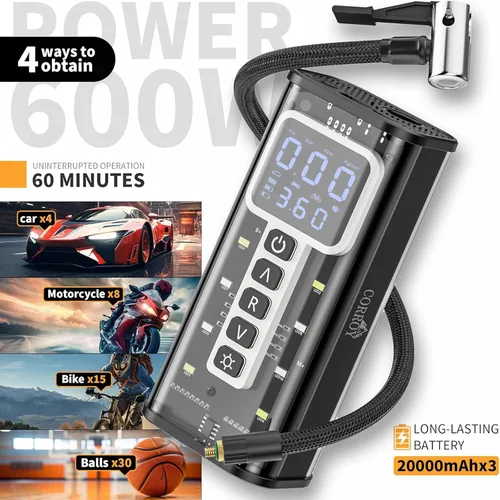 Vista 2 de Inflador de neumáticos Corroy Compresor de aire portátil, inflador de neumáticos inalámbrico de 150 PSI con indicador digital y luz LED, bomba