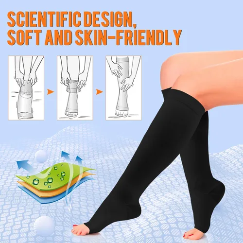 Vista 5 de Calcetines de compresión de cobre para mujeres y hombres, punta abierta, 15-20 mmHg, es el mejor apoyo para la recuperación de la circulación y uso