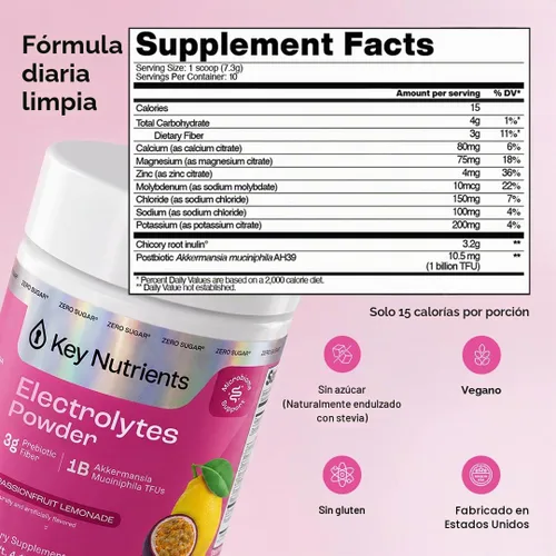 Vista 6 de KEY NUTRIENTS Electrolitos en polvo sin azúcar, limonada de maracuyá con 6 electrolitos y minerales, fibra prebiótica y polvos de hidratación