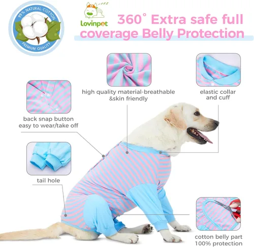 Vista 3 de LovinPet Traje de recuperación para perros, cuidado abdominal antilamidas para perros grandes y medianos, collar alternativo poscirugía, rayas azul