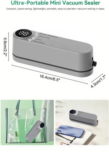 Vista 7 de Mini sellador al vacío, 3 en 1, sellador al vacío de mano inalámbrico para almacenamiento de alimentos secos/húmedos con 4 bolsas de aperitivos, Gris