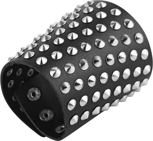 Vista 6 de STWTR Pulsera de cuero con correa ancha unisex con tachuelas de metal negro