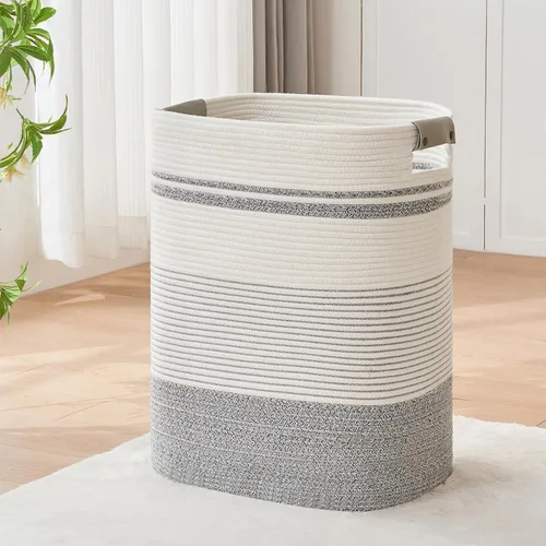 Vista 17 de DOFASAYI Cesta de lavandería grande de 72 litros con asas de cuero, cesta de almacenamiento decorativa para mantas, cesta de ropa para sala