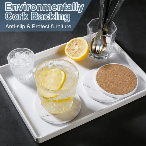 Vista 4 de Posavasos absorbentes para bebidas, juego de 6 posavasos de cerámica con soporte, posavasos duraderos para mesa de café con base de corcho