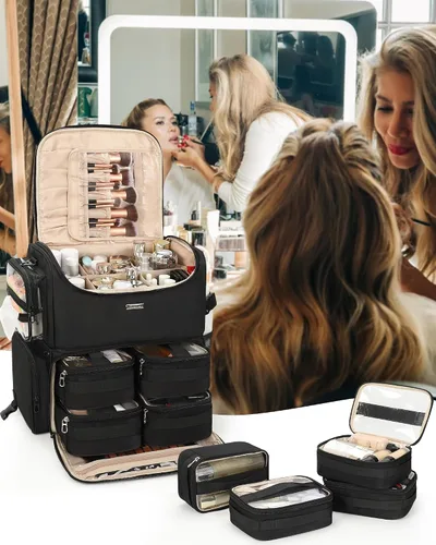 Vista 8 de Relavel Estuche de tren de maquillaje rodante, estuche de cosmetología sobre ruedas con 4 bolsas transparentes, bolsas profesionales para Negro