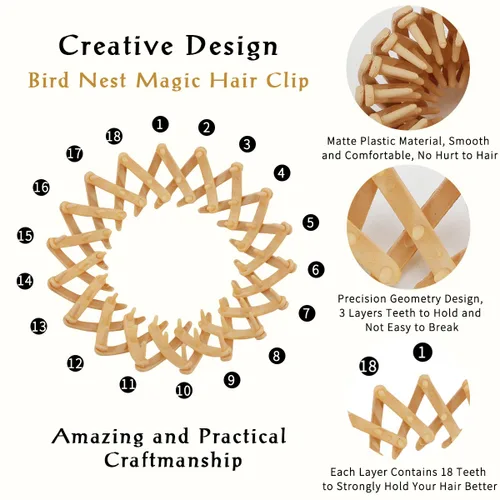 Vista 5 de TOBATOBA Bird Nest - Pinza mágica para el cabello, 5 unidades, plástico mate, horquilla expandible para cabello fino, soporte para cola de caballo