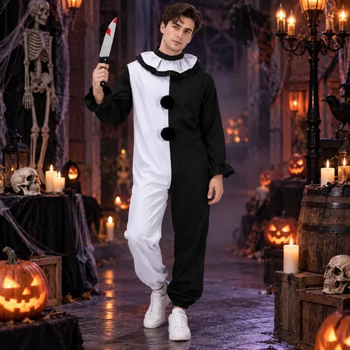 Vista 5 de Adult Clown The Killer Costume Men Scary Art Jumpsuit Halloween Outfits Blanco