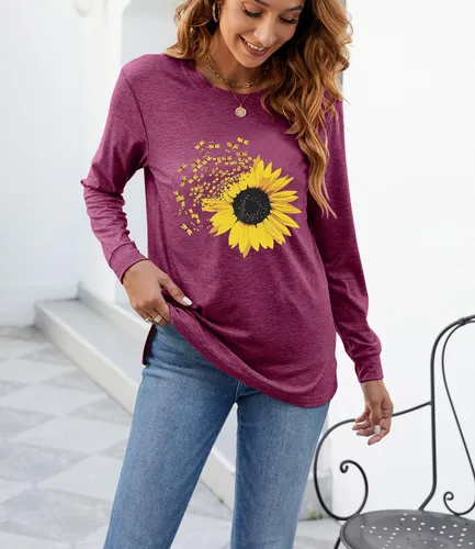 Vista 3 de Camiseta de otoño con estampado de girasol para mujer, diseño casual, holgada, manga larga, cuello redondo, túnica