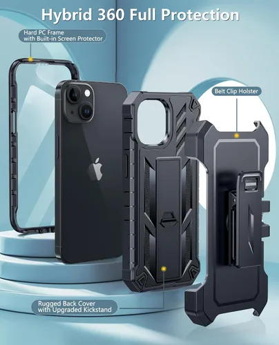 Vista 3 de FNTCASE Funda para iPhone 15: para iPhone 14, 13 y 16e, funda militar a prueba de golpes, funda resistente para teléfono celular con soporte y funda