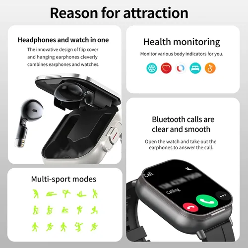 Vista 9 de Reloj inteligente con auriculares, para hacer/responder llamadas Bluetooth, monitor de actividad física, monitor de presión arterial y frecuencia