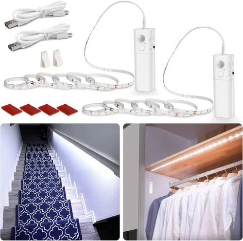 Vista 17 de WOBANE Tira de luz recargable con sensor de movimiento, luces LED para armario, escalera, despensa, armario, cama, casillero, 2700 K, blanco cálido